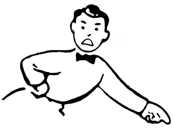 A black and white version of a cartoon style drawing of an unhappy looking man dressed in a suite with bowtie pointing his finger — Stock Photo, Image