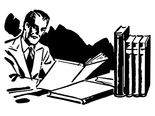 En svartvit version av en grafisk illustration av en verksamhet man arbetar hårt på sitt skrivbord — Stockfoto