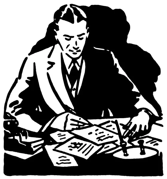 Una versión en blanco y negro de una ilustración gráfica de un hombre de negocios trabajando duro en su escritorio — Foto de Stock