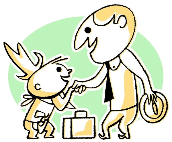Eine Schwarz-Weiß-Version einer Zeichnung im Cartoon-Stil eines Geschäftsmannes, der ein kleines Kind begrüßt — Stockfoto
