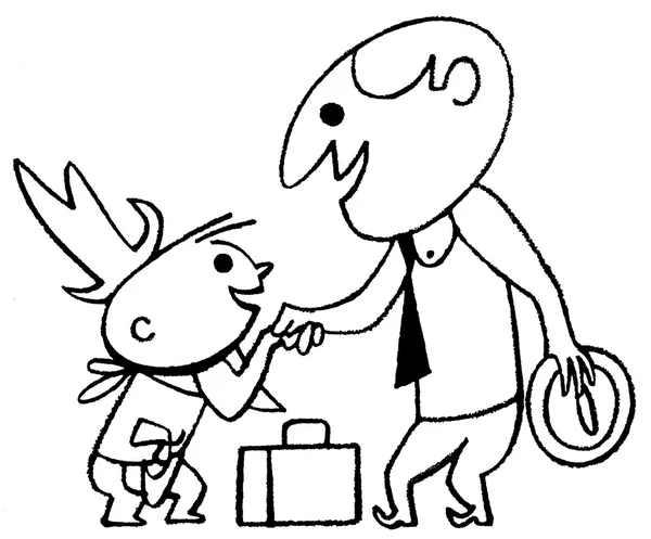 A black and white version of a cartoon style drawing of a business man greeting a small child — Stock Photo, Image