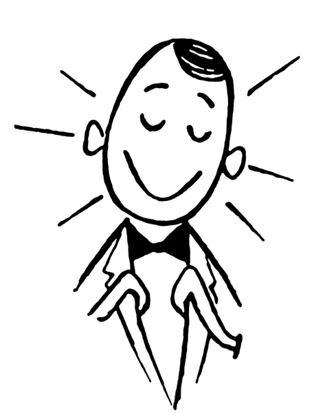 A black and white version of a cartoon style drawing of a happy looking clerk — Stock Photo, Image