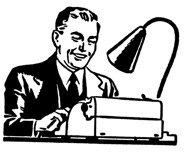 Una versión en blanco y negro de la ilustración gráfica de un hombre de negocios que trabaja duro en una máquina de escribir —  Fotos de Stock