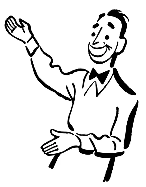 A black and white version of a cartoon style drawing of a host directing guests — Stock Photo, Image