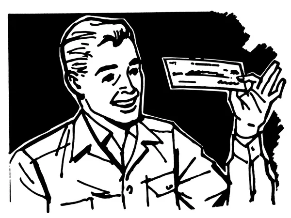 Uma versão em preto e branco de uma ilustração gráfica de um homem de negócios examinando um cheque — Fotografia de Stock