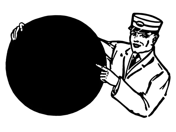 라운드 기호를 들고 기차 지휘자의 그림의 흑백 버전 — 스톡 사진