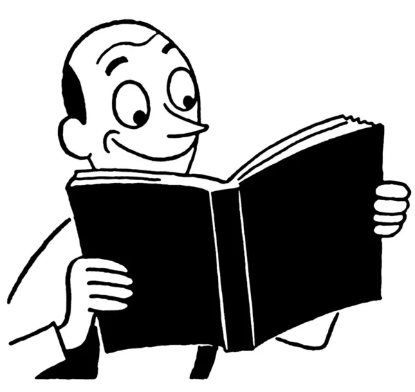 A black and white version of a cartoon style drawing of a man enjoying a book — Stock Photo, Image