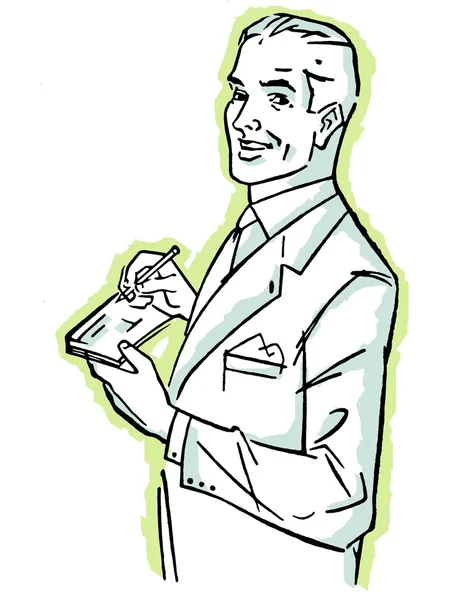 Uma ilustração gráfica de um homem assinando um cheque — Fotografia de Stock