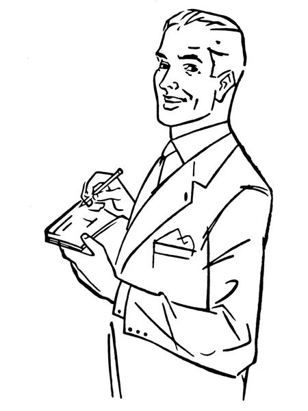 Uma versão em preto e branco de uma ilustração gráfica de um homem assinando um cheque — Fotografia de Stock