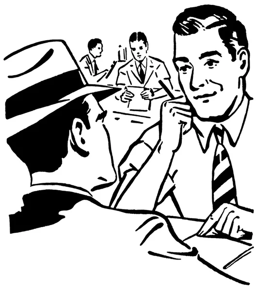 A black and white version of a graphic illustration of two men doing a business deal — Stock Photo, Image