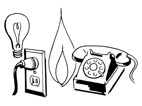 A black and white version of a grouping of line drawings of a light bulb, electricity socket, flame and telephone — Stock Photo, Image