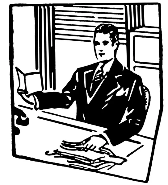 Черно-белая версия бизнесмена, сидящего за своим столом — стоковое фото