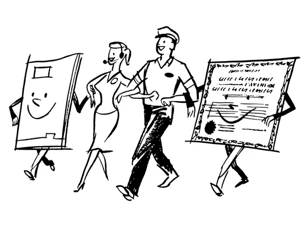 Una versión en blanco y negro de un repartidor hombre y mujer caminando de la mano con carácter hecho de papel — Foto de Stock