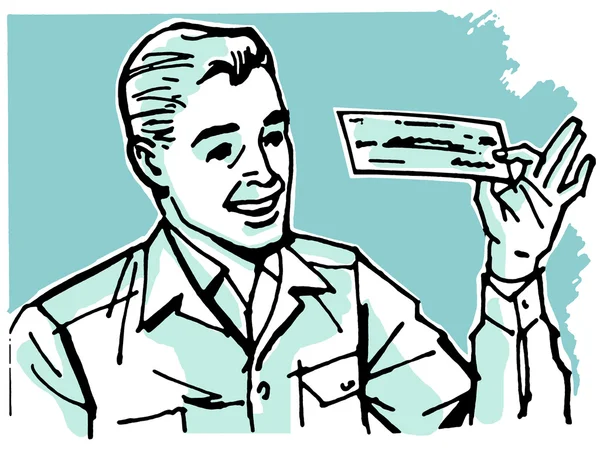 Um homem de aparência feliz segurando um cheque — Fotografia de Stock