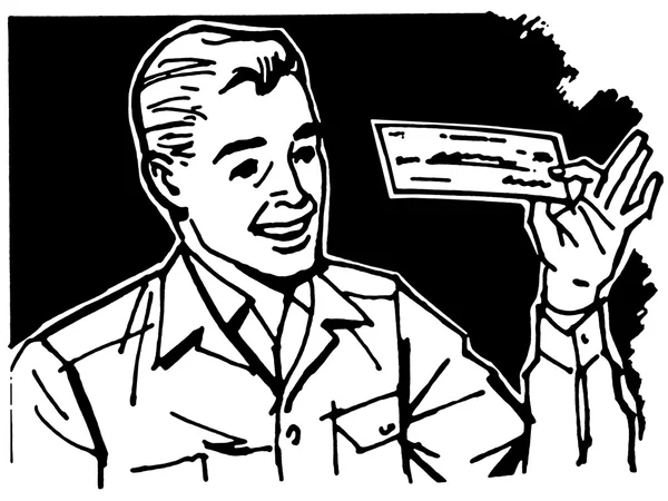 Черно-белая версия счастливого мужчины, держащего чек — стоковое фото