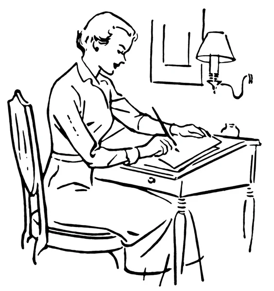 A black and white version of a line drawing of a woman at a writing desk — Stock Photo, Image