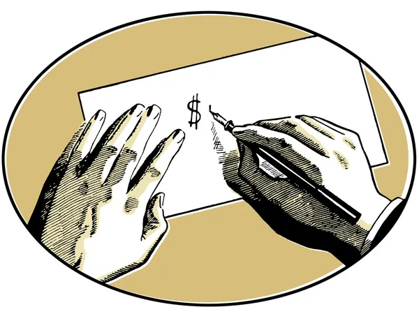 Ένα παράδειγμα των δύο χεριών σε ένα γραφείο, γράφοντας ένα σύμβολο δολαρίου — Φωτογραφία Αρχείου