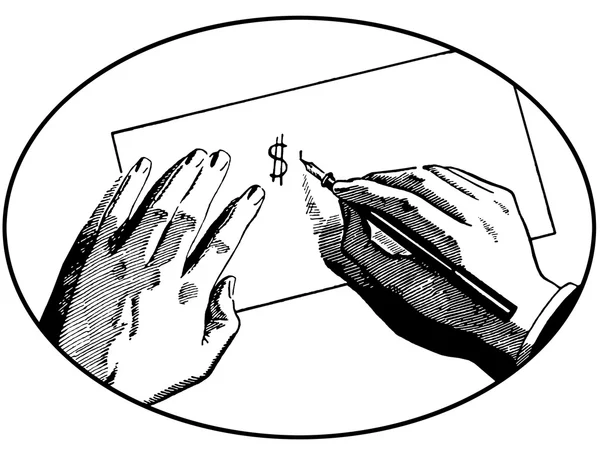 Μια μαύρη και λευκή έκδοση του ένα παράδειγμα των δύο χεριών σε ένα γραφείο, γράφοντας ένα σύμβολο δολαρίου — Φωτογραφία Αρχείου