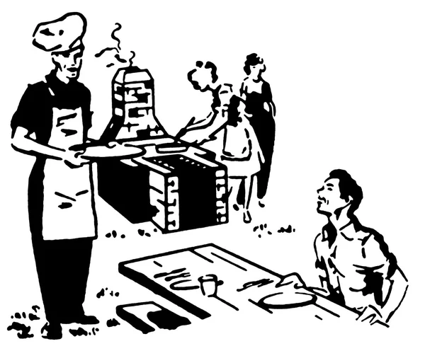 Чорно-біла версія сім'ї, що насолоджується барбекю для пікніка — стокове фото