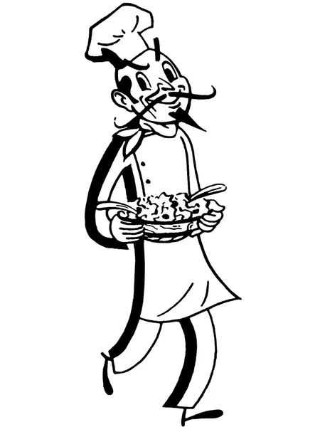 Een zwart-wit versie van een robuuste chef-kok presentatie van een verse taart — Stockfoto