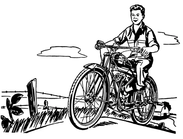 Uma versão em preto e branco de um menino e sua moto — Fotografia de Stock