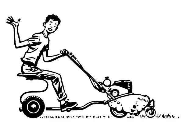 Wersji czarno-białej młodego chłopca, machając radośnie z jazdy na kosiarka — Zdjęcie stockowe