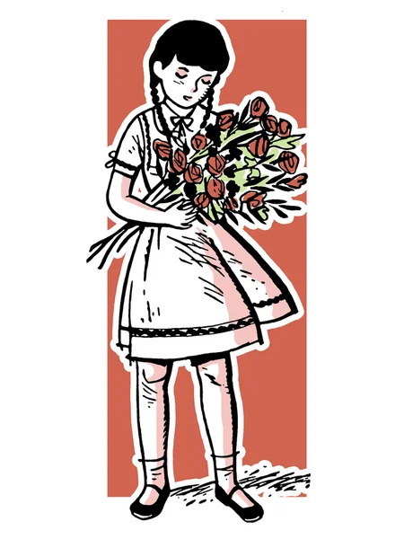 Une jeune fille tenant une grande offrande de roses — Photo
