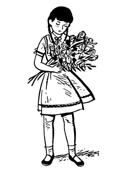 A black and white version of a young girl holding a large offering of roses — Stock Photo, Image