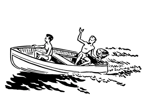 En svartvit version av två unga pojkar njuter en båttur — Stockfoto