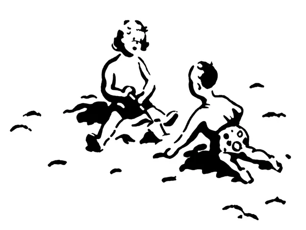 A black and white version of two small children playing in the sand — Stock Photo, Image