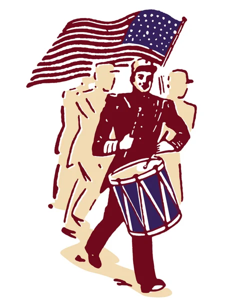 Um baterista e bandeira americana — Fotografia de Stock