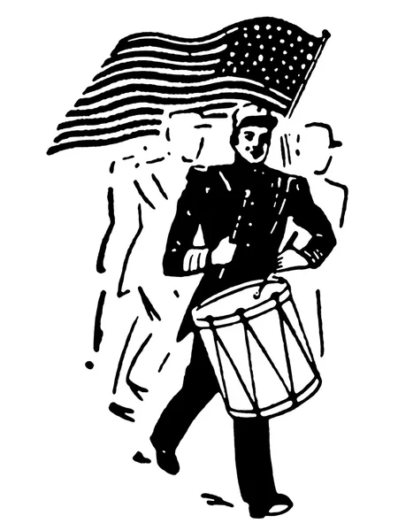 Μια μαύρη και λευκή έκδοση ενός ντράμερ και την αμερικανική σημαία — Φωτογραφία Αρχείου