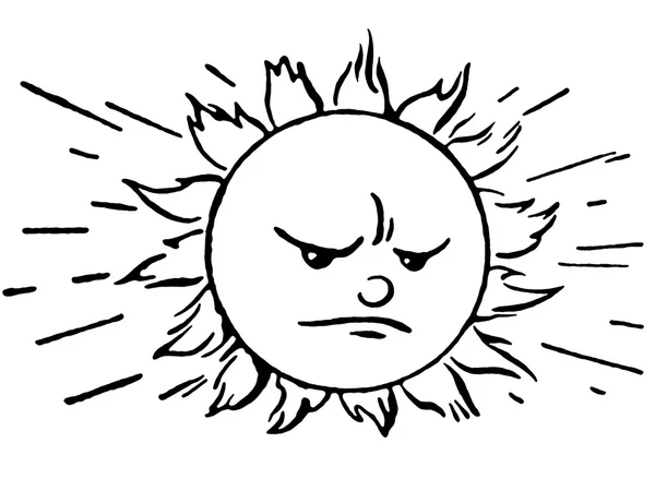 A black and white version of an angry looking flaming sun