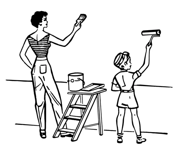 一位母亲和儿童绘画墙一起的黑色和白色版本 — 图库照片