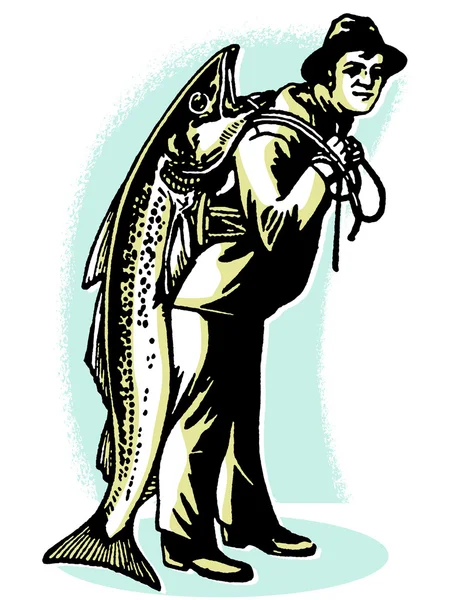 Eine schwarz-weiße Version eines Mannes, der einen Fisch trägt, der fast so groß ist wie er — Stockfoto