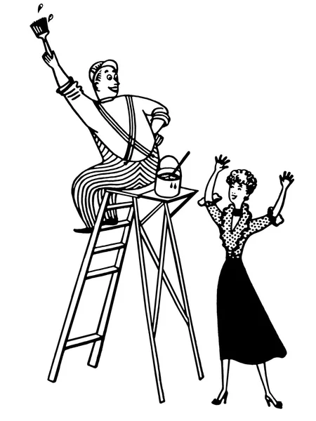 Een zwart-wit versie van een man aan het werk op een ladder — Stockfoto