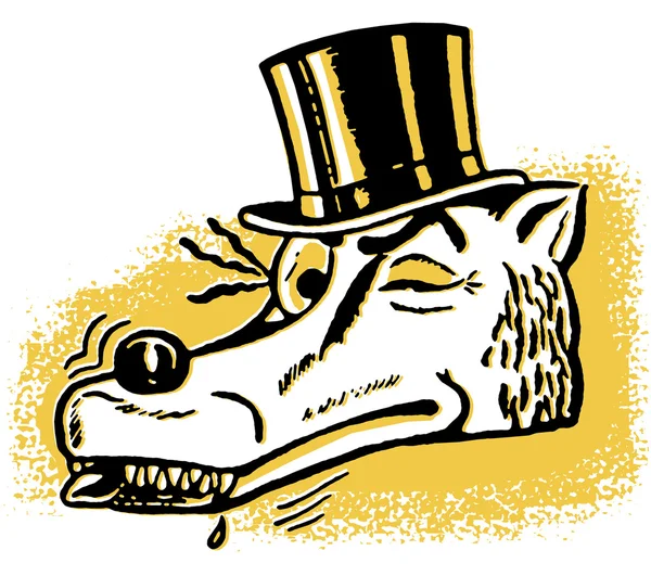 A black and white version of a winking wolf wearing a top hat — Stock Photo, Image