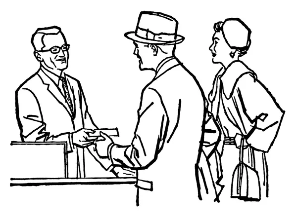 Черно-белая версия старинной иллюстрации пары, беседующей с фармацевтом — стоковое фото