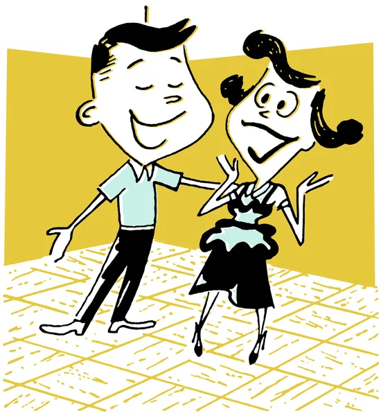 舞蹈地板上的一对年轻夫妇绘制卡通风格 — 图库照片
