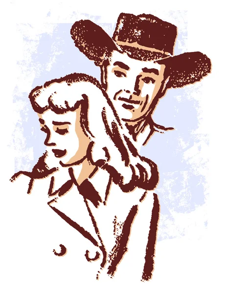 Bir kovboy ve üzgün görünümlü kadın bir çizimi siyah beyaz versiyonu — Stok fotoğraf