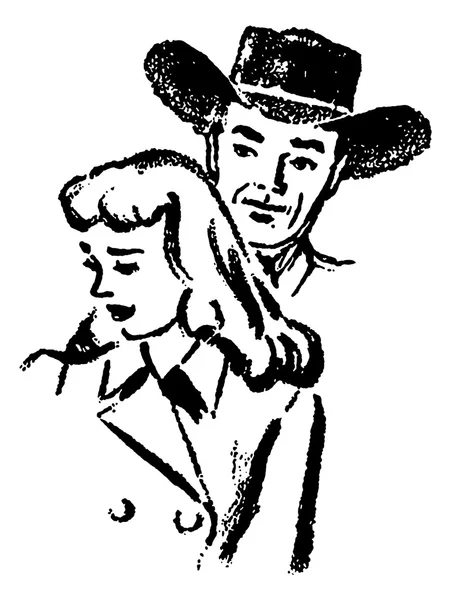 Een zwart-wit versie van een illustratie van een cowboy en een triest zoekt vrouw — Stockfoto