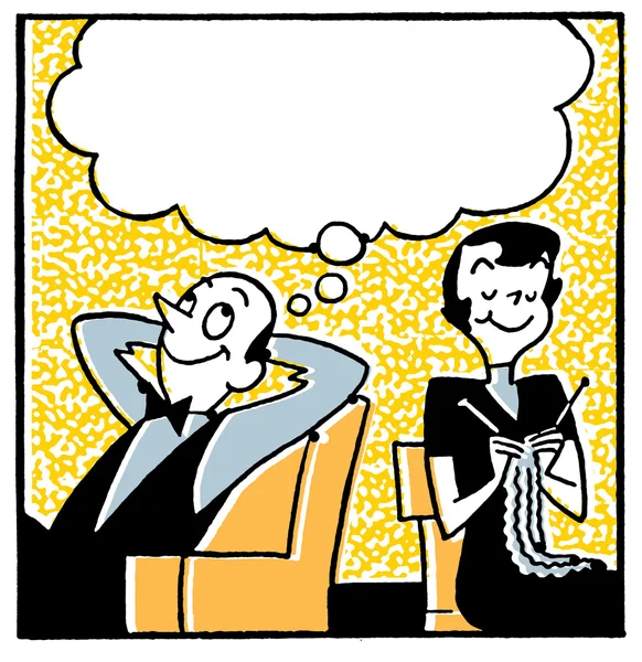 A cartoon style image of a couple with a large speech bubble above — Stock Photo, Image