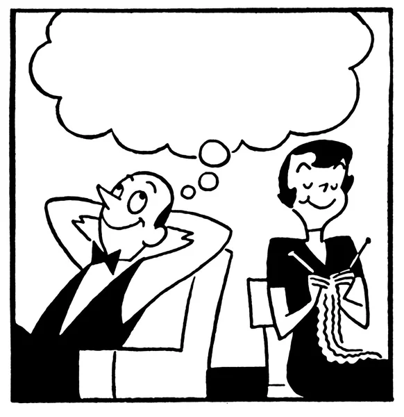 A black and white version of a cartoon style image of a couple with a large speech bubble above — Stock Photo, Image