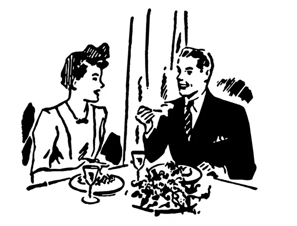 Černobílá verze vinobraní ilustrace pár si vychutnat jídlo v restauraci — Stock fotografie