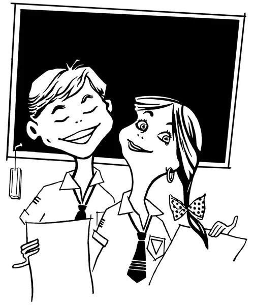 两个年轻的学校孩子的插图中的一个黑色和白色版本 — 图库照片