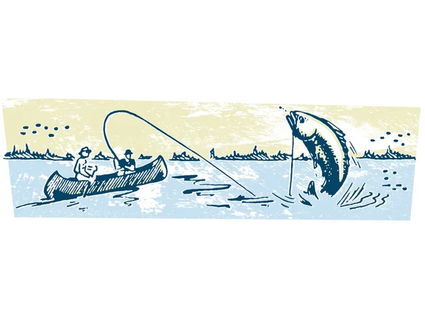En man i en liten båt som fångar en stor fisk — Stockfoto
