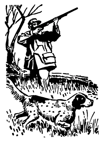Uma versão em preto e branco de um homem faisão caçando com cães — Fotografia de Stock