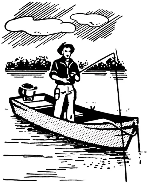 A black and white version of a cartoon style image of a man fishing — Stock Photo, Image