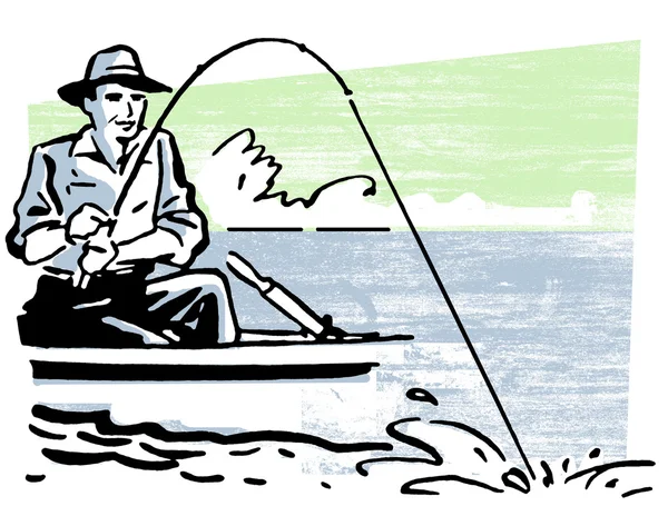 黑色和白色版本的卡通风格形象的一个钓鱼的人 — 图库照片