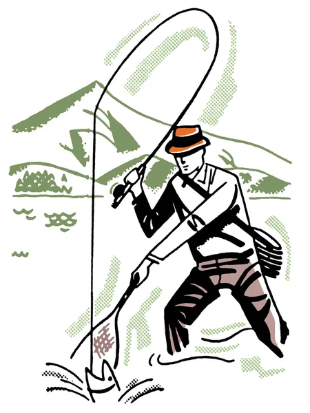En svartvit version av en tecknad stil bild av en man som fiske — Stockfoto